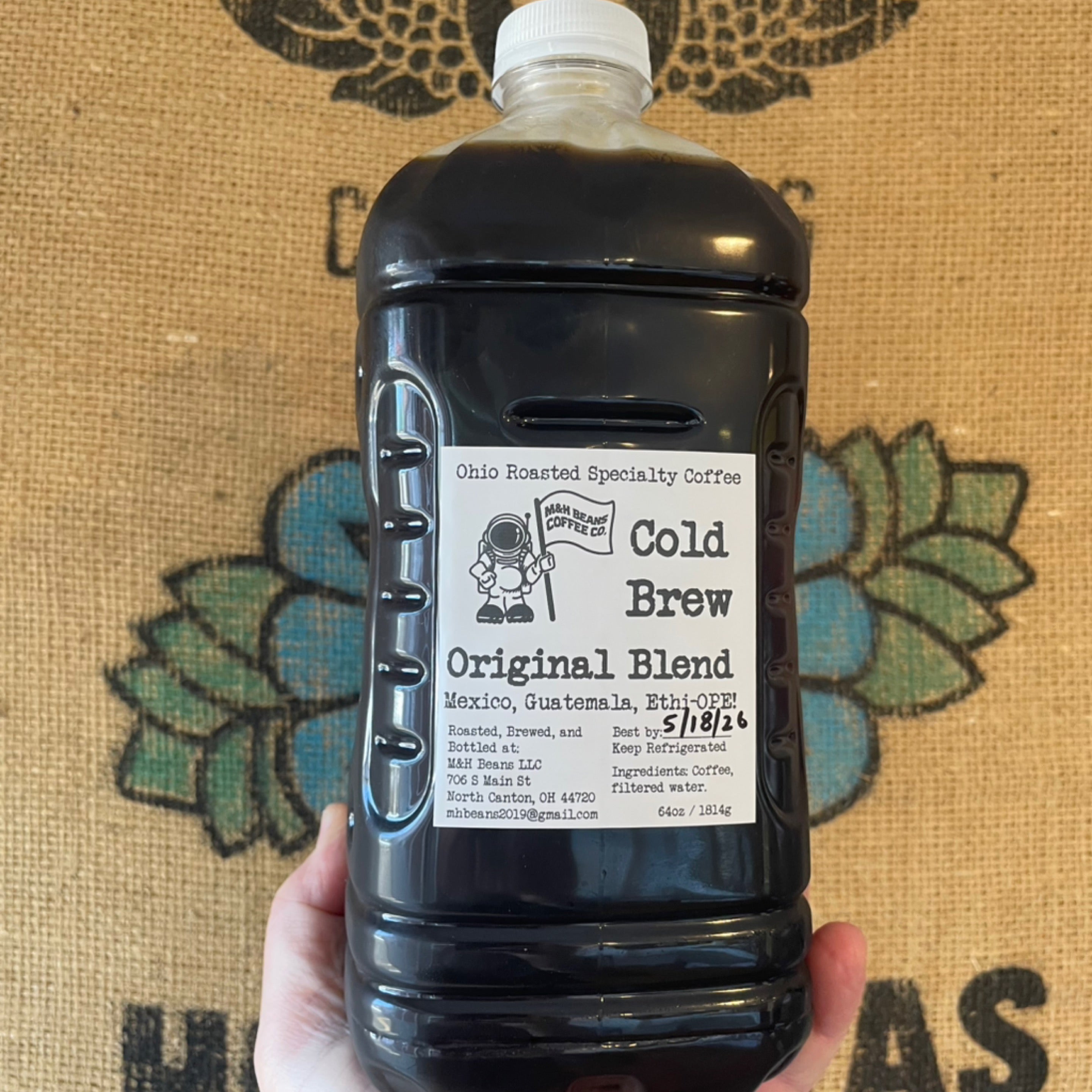 64oz Cold Brew To Go Plastic Jug | M & H Beans Coffee Co + Roastery